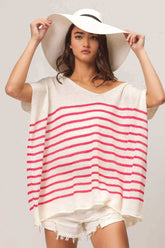 Fuchsia V Neck Striped Short Sleeve Top - Stylish Comfort, Tops, $ 45.00, A Moment Of Now™